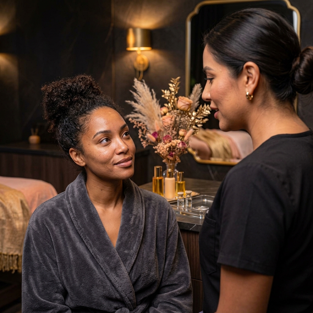 Esthetician talking with a client seated in a treatment room