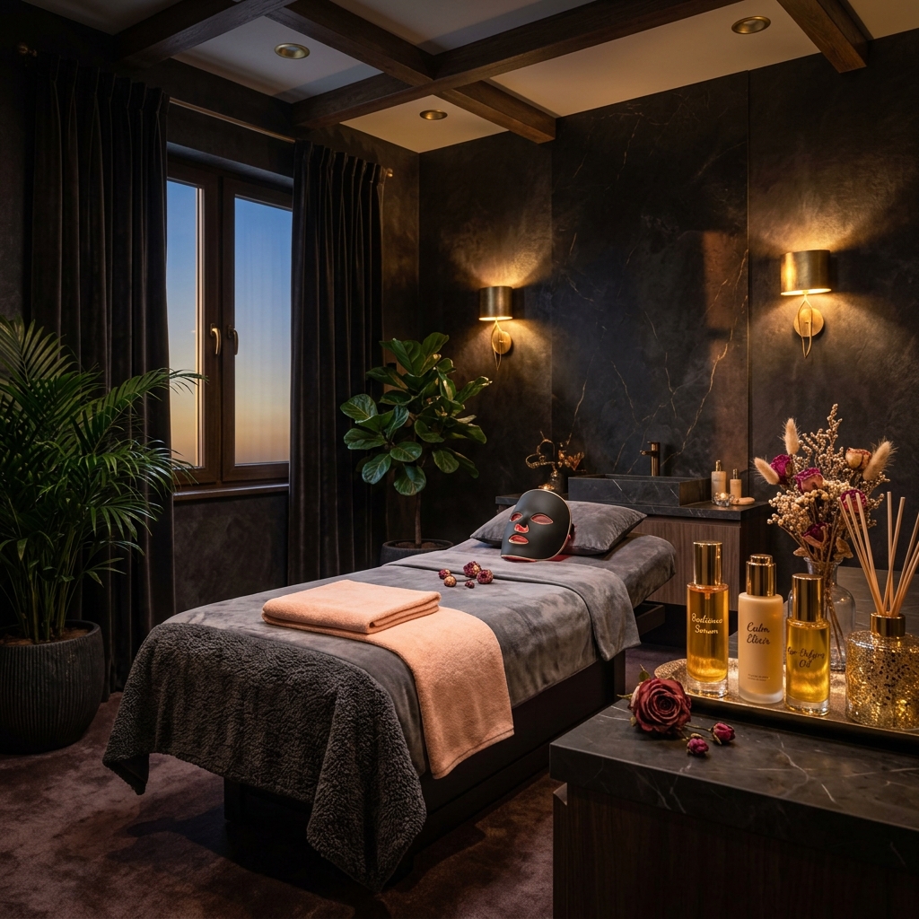 Spa treatment room with a made-up massage bed, peach linens and an LED face mask