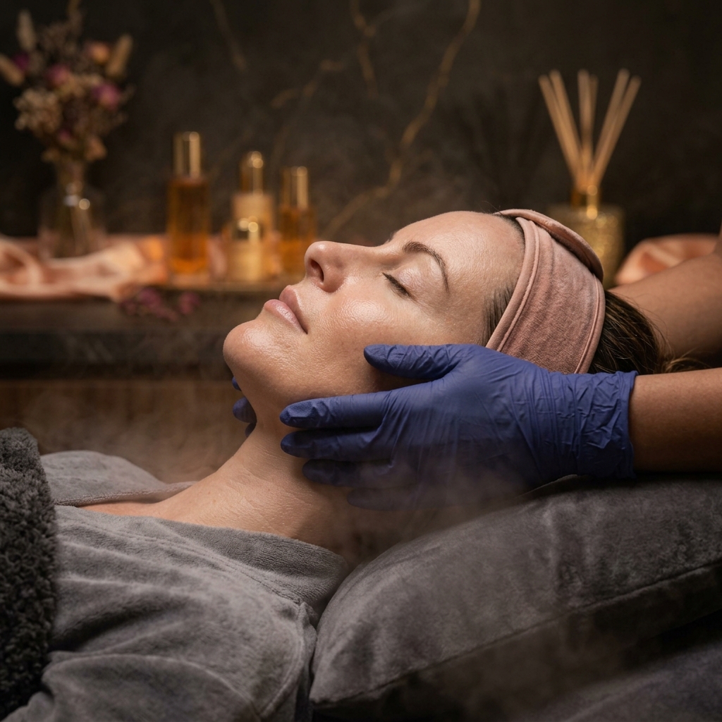 Client receiving a facial treatment with steam and a rose headband