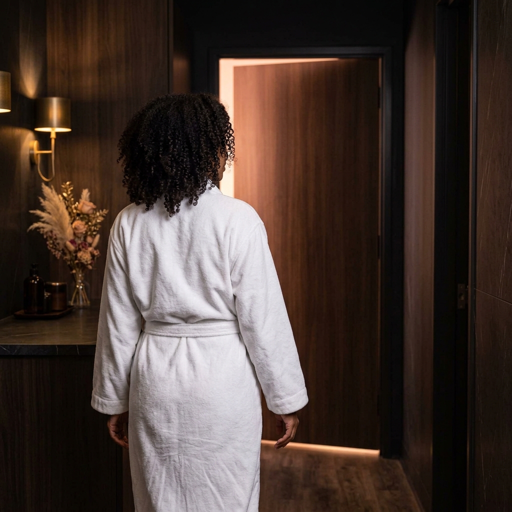 Client in a white robe walking toward a warmly lit doorway