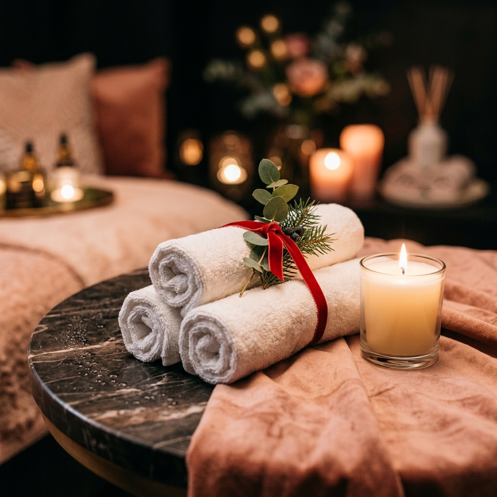 Rolled white towels tied with ribbon and greenery next to a lit candle